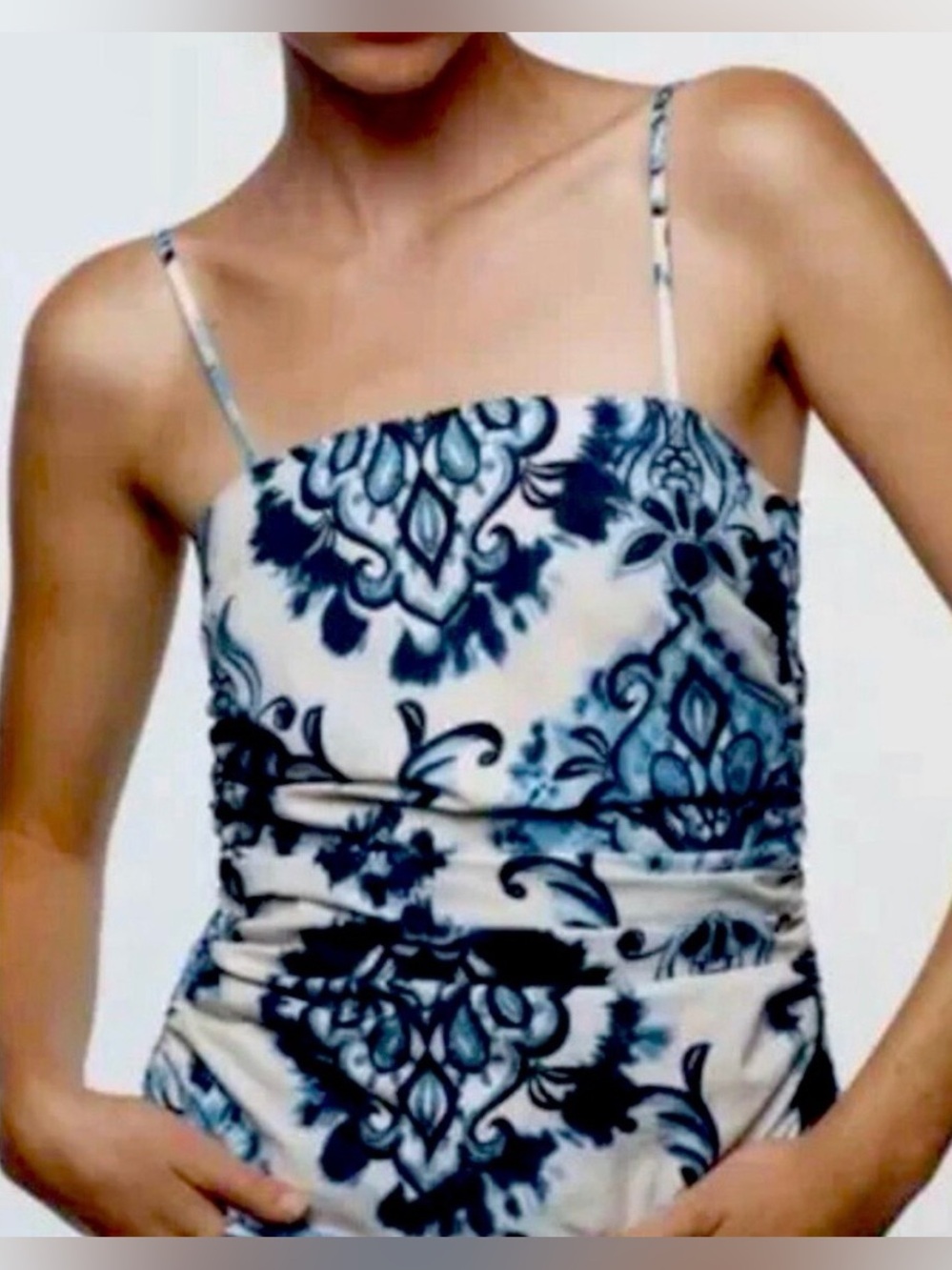 Zara ruched blue paisley spaghetti strap tank top. Size small NWT